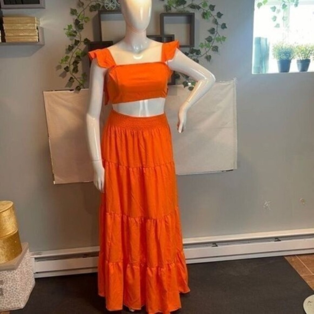 Bright Orange Mid Waist Swing Skirt Trend Chic Two Piece Set Size L